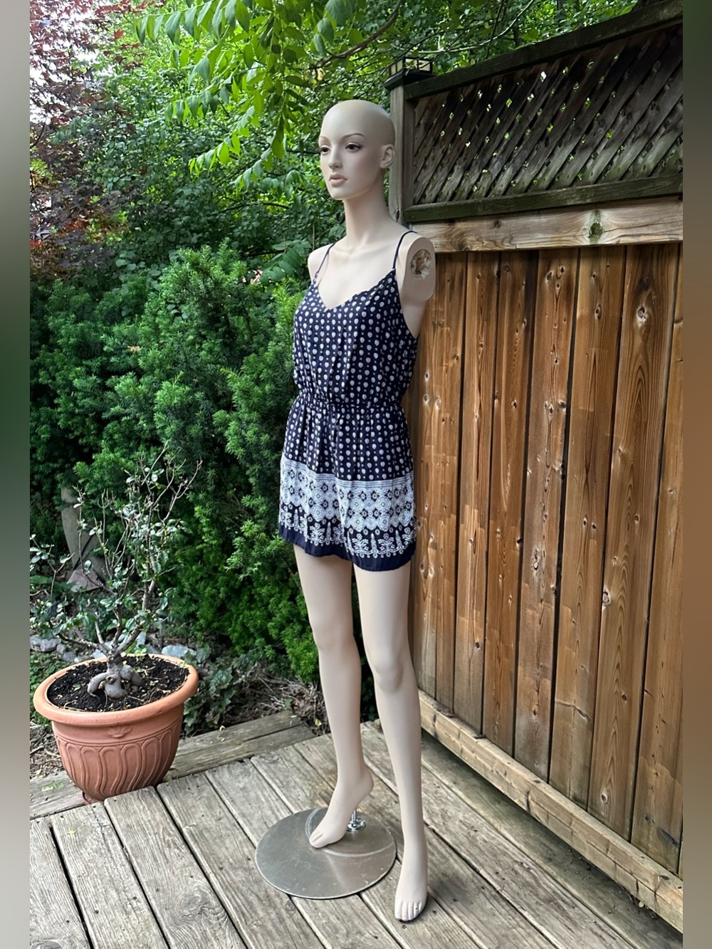 Navy Tribal Printed Spaghetti Strap Lace-Up Romper